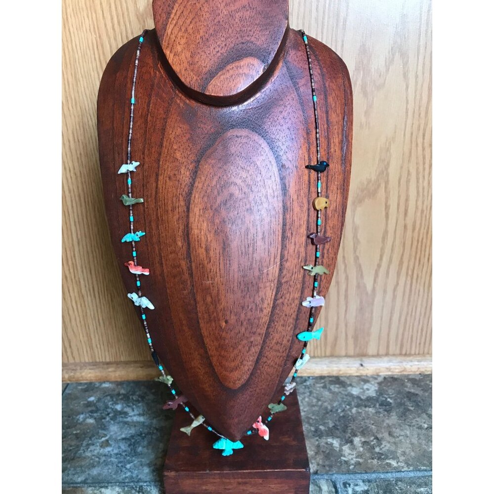 Vtg Zuni Fetish Necklace Native American Hand Carved Turquoise Thunderbird
